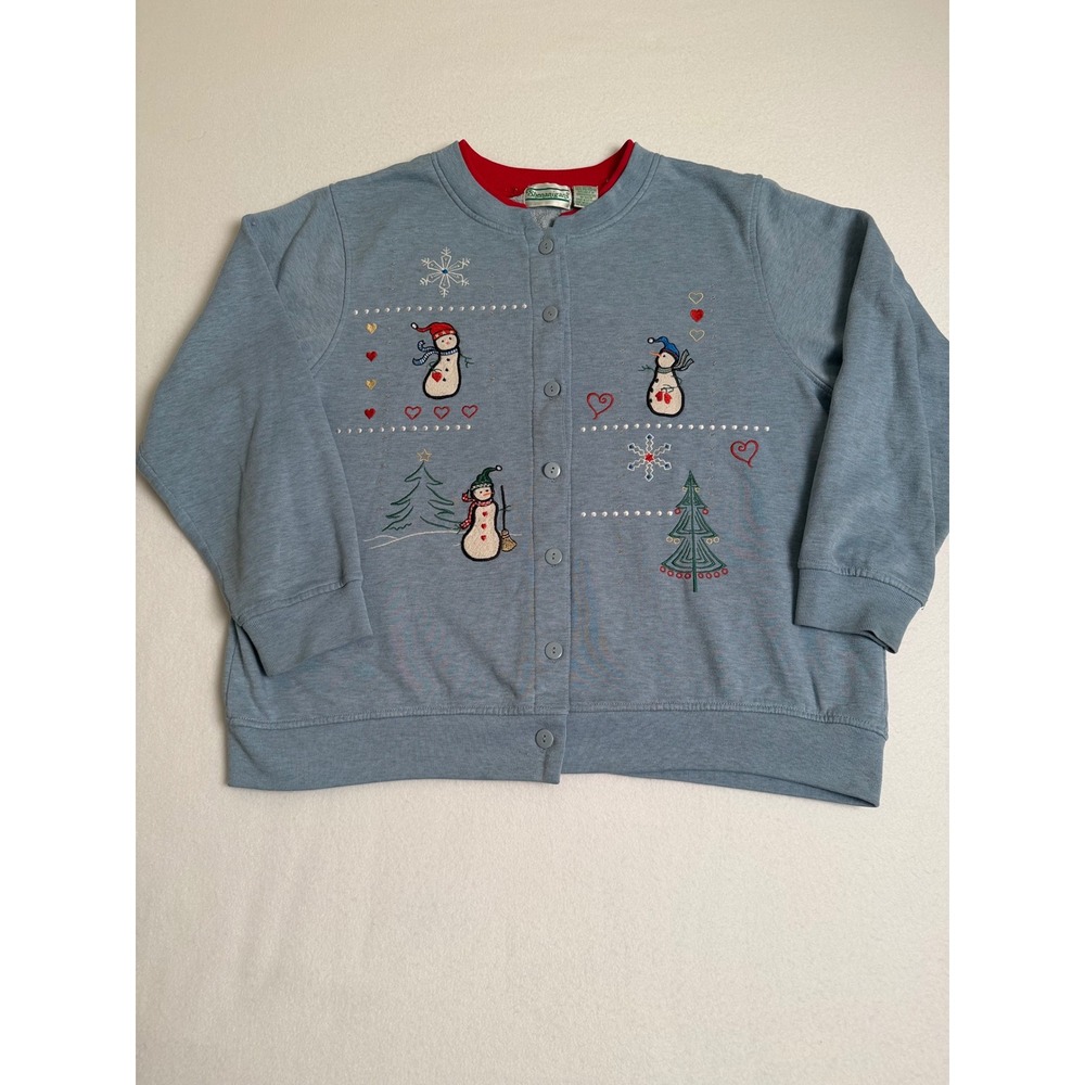 Shenanigans Vintage Snowman Embroidered Button Front Sweatshirt Blue XL